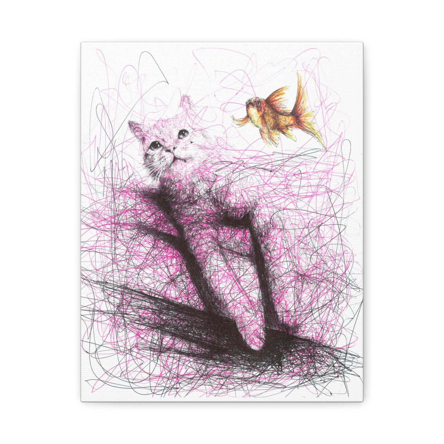Pink cat with golden fish (Canvas Print)