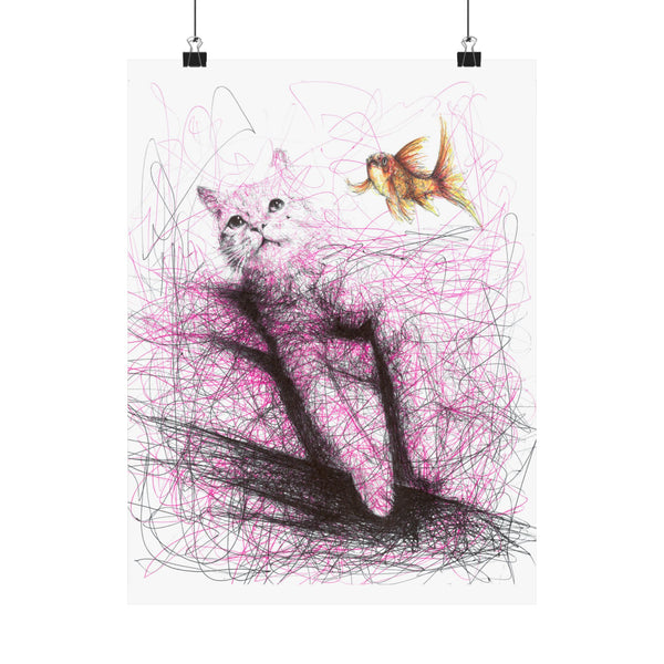 Pink cat with golden fish (Poster)