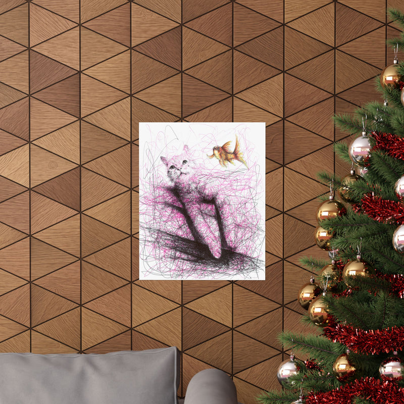 Pink cat with golden fish (Poster)